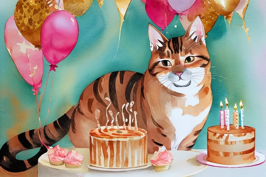 beautiful composition, cat birthday party with cake, watercolor and ink, golden glitters in ochre in sunshine