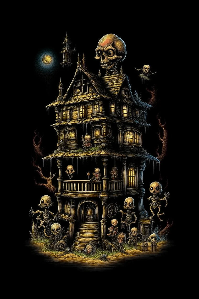 Science experiment Horror Doll house by Richard Corben, Todd Schorr, T-Shirt Design, Black Background