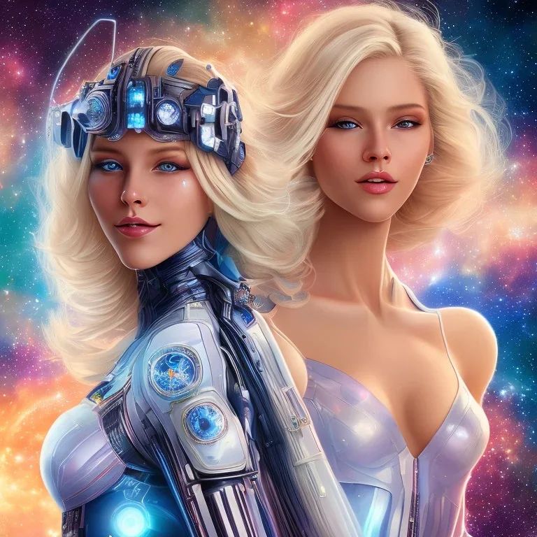 A beautiful portrait of a young galactic woman with a smile blonde hair with a little clear helmet in a galactic suit in cosmos blue