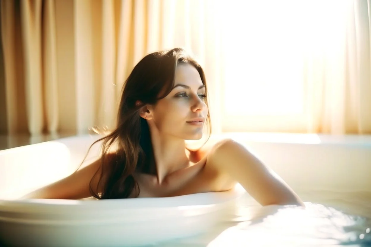 contented beautiful brunette in a big foam spa bathtube spa things, soft colors, in sunshine