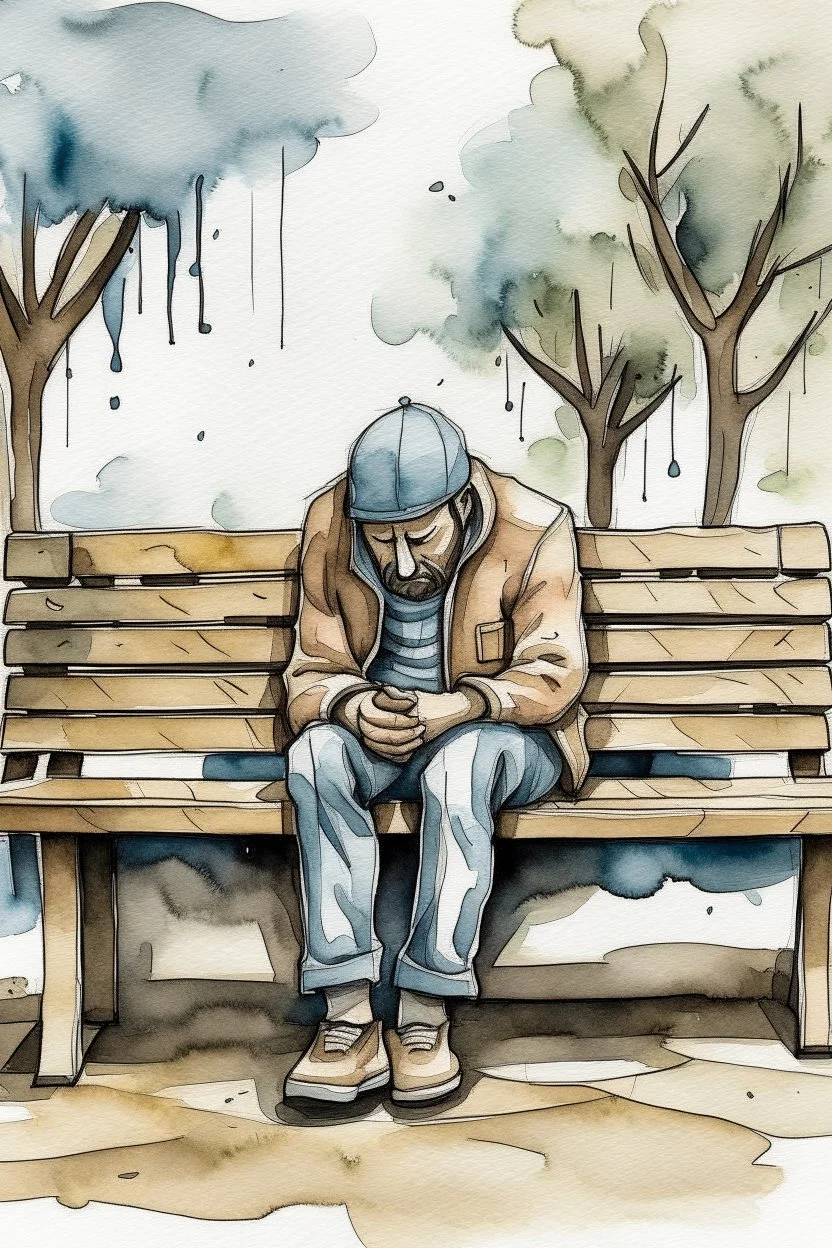 Watercolored crying man sitting om a bench