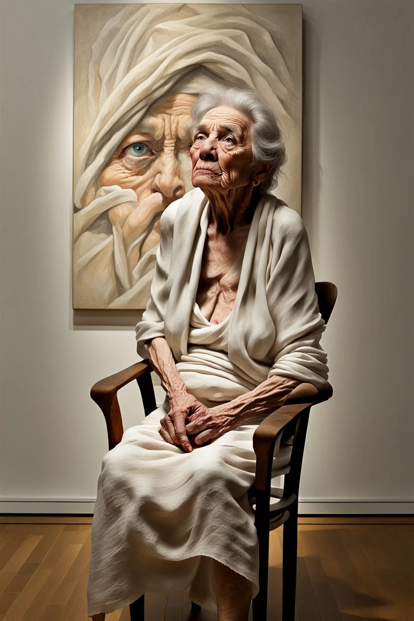 an old wrinkled woman sitting on a wooden chair, half dressed in dropped cloth, she is on display in a high end white art gallery, she is quite and no emotions, the original painting of Venus is on display on the wall, .ultra realistic photo,. highly detailed 32k, strange and weird modern art creation, surrealistic image