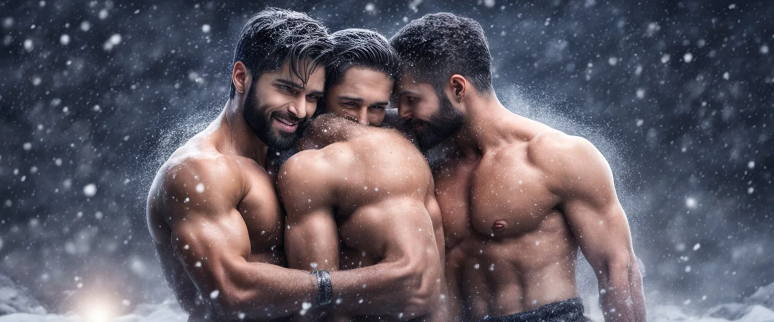 Hyper realistic shirtless muscular shahid kapoor hugging Justin timberlake at snowfall night