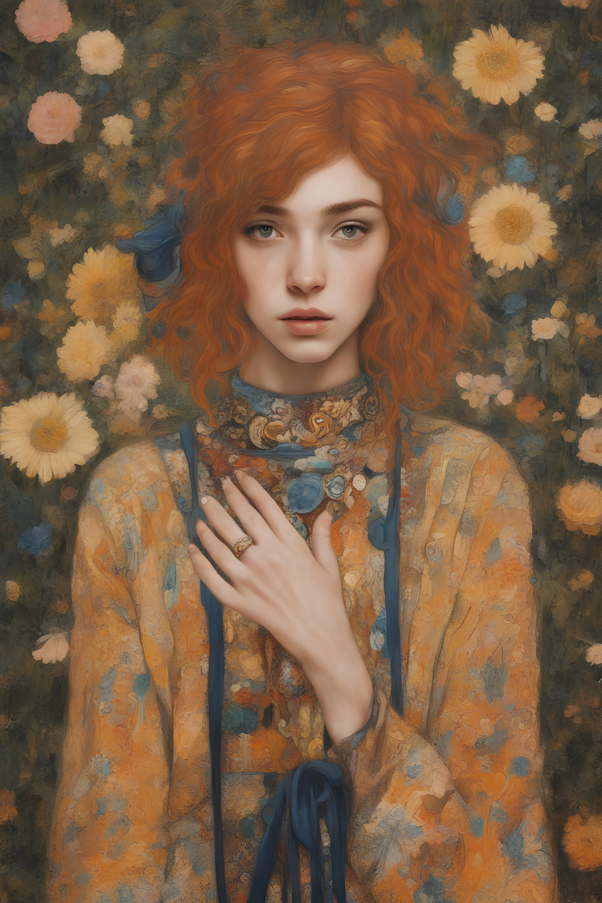 hippie girl Ginger hair Dua Lipa render eye candy oil paiting In depth psychology display Gustav Klimt style New York City detailed render eye candy breathtaking