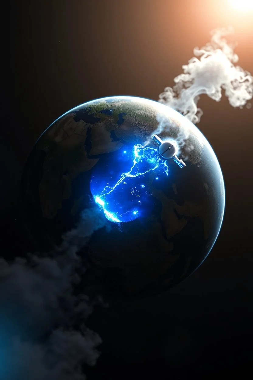 en satellit bild från rymden på jorden, den ska lysa med blått ljus och det kommer rök ifrån den och ser ut att spricka lite, bilden ska visa hela jord globen, långdistans robotar flyger mellan olika kontinenter