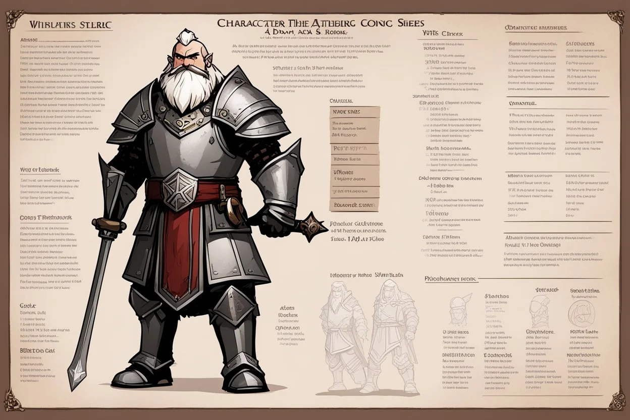 character concept sheet with AD&D statistics and characteristics, [wii No More Heroes style with thick lines] a dwarf cleric in heavy armour and his mace