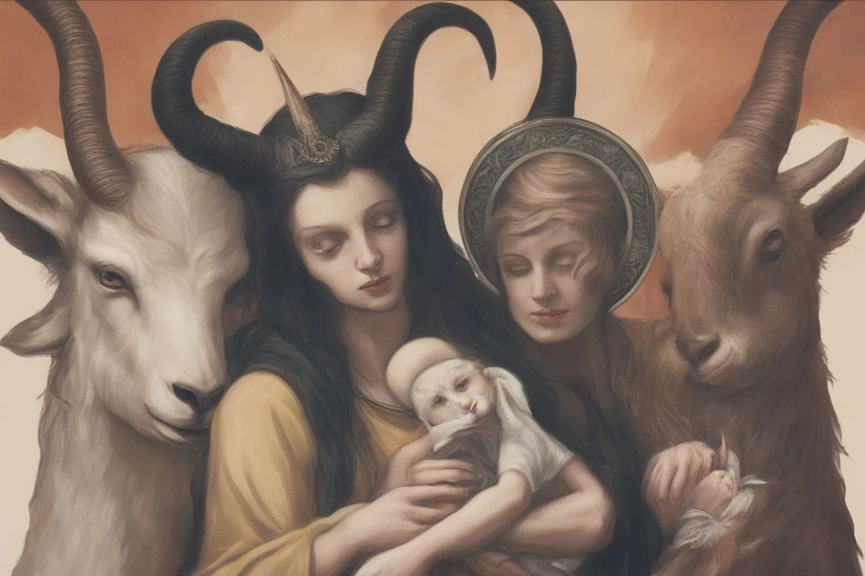 baphomet, attractive woman with head of a goat, holding a human baby, mary mother of jesus composition