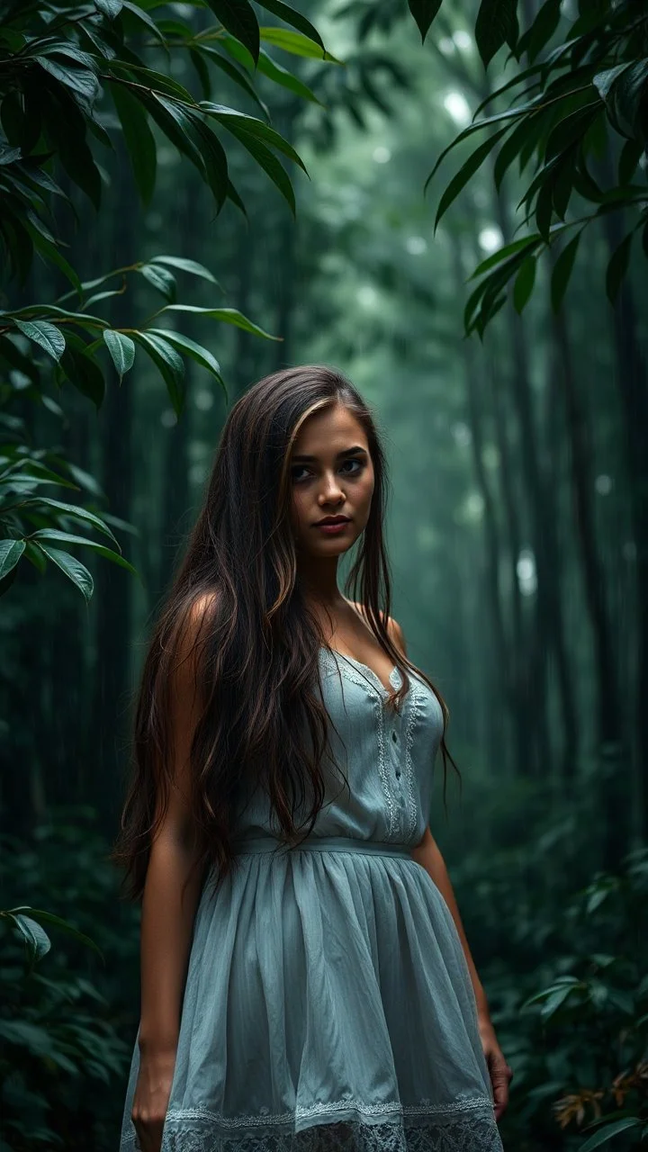 A beautiful young woman standing in a dramatic scene in a dense forest with A FIR BRUNCH under the rain. The background should feature raindrops falling around the leaves.