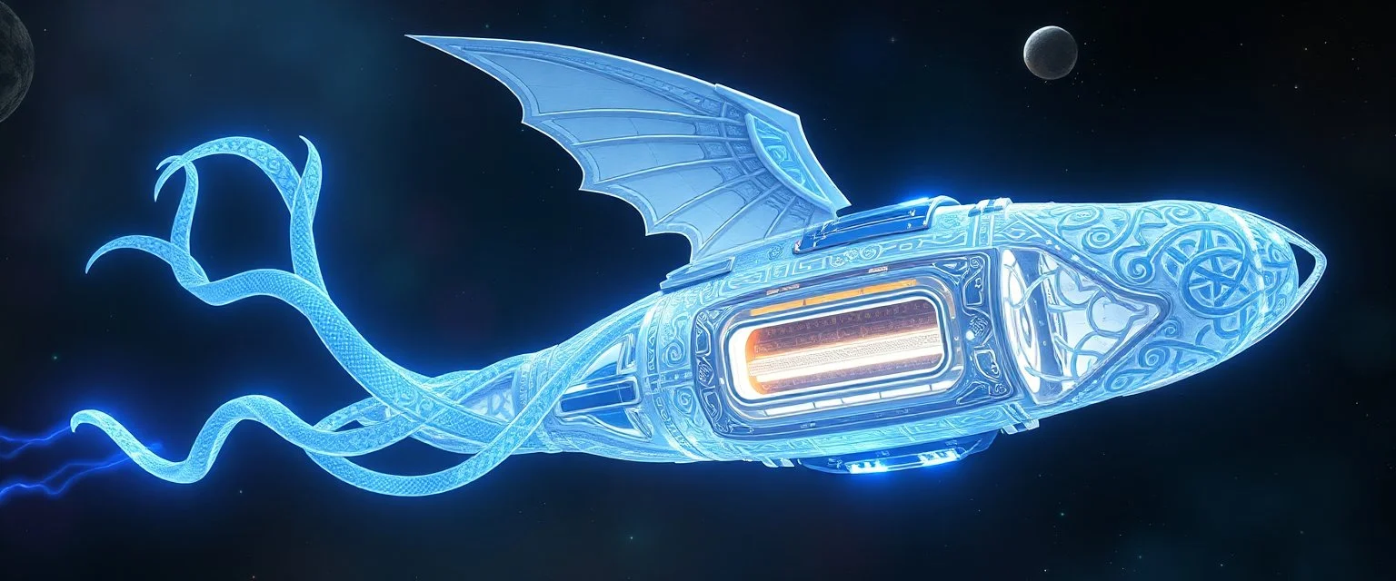 whip tailed, celtic knot hollow tube transparent core ornate indented space ship, shiny bright mega ship flourescent white blue like bubble gum with a few big windows and decks, interdimensional twister, rock against colored spaced fog, space interior. split tail, winged serpent, glowing aura