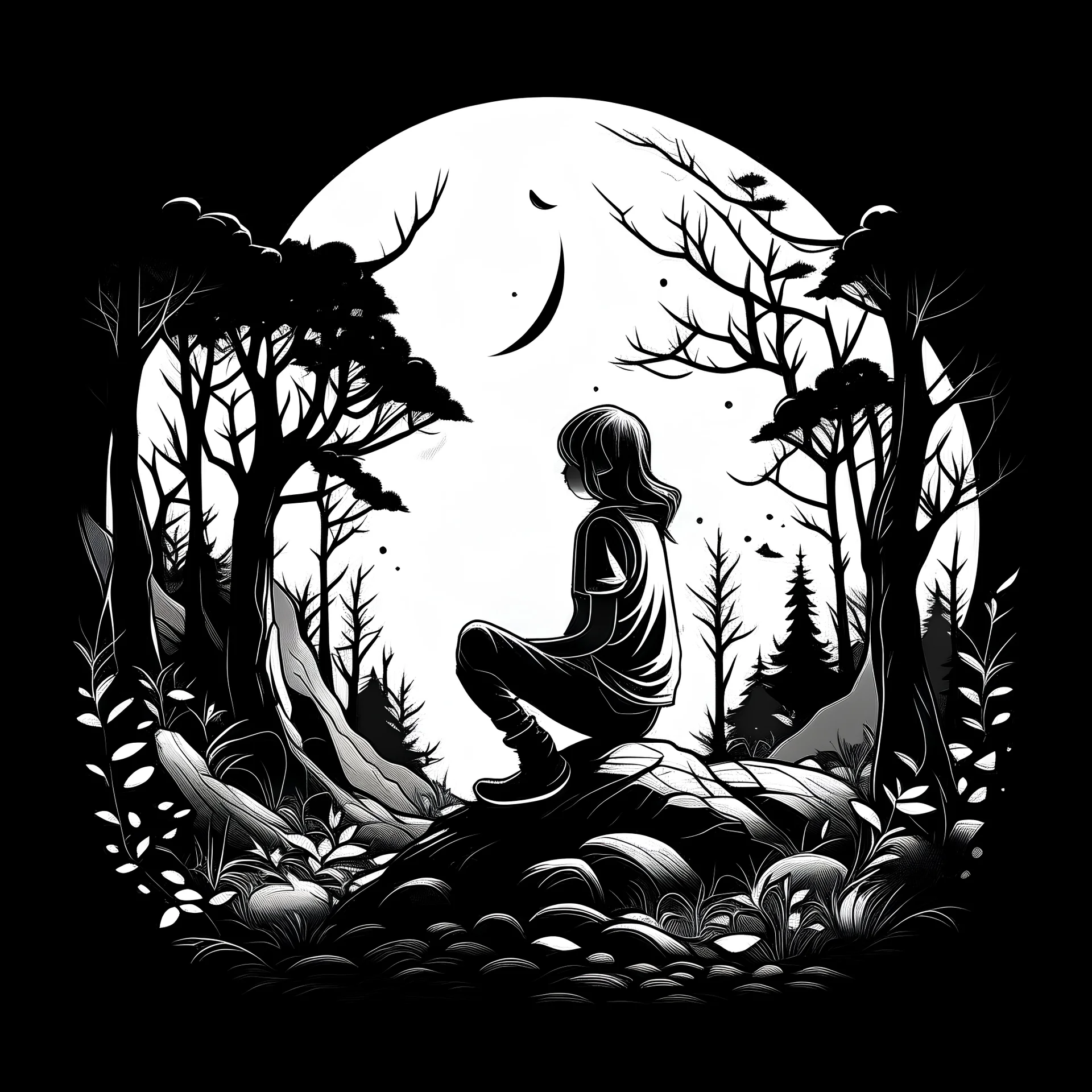 Girl siting alone in the forest , Midnight moon can be seen . some intresting form trees all around, white background , only black and white colors , clean lines and outlines, hd , tshirt design vector