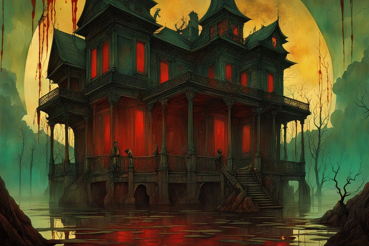 Dramatic nighttime haunted decaying Mansion on the banks of a red lake bathed in fog, astral lunar drama, undetailed giant gaunt figures on stilts haunt in the background, by Victo Ngai, by Stephen Grammell, by Zdzislaw Beksinski, professional watercolor with dripping paint diffusion, dark colors, sinister haunted house horror art, reflective, cel-shadows, surrealism, expansive.