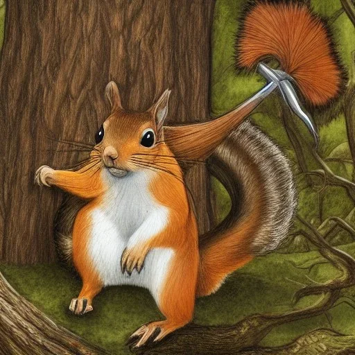 Fantasy image,wooded background, squirrel,attacking a four inch person,d&d