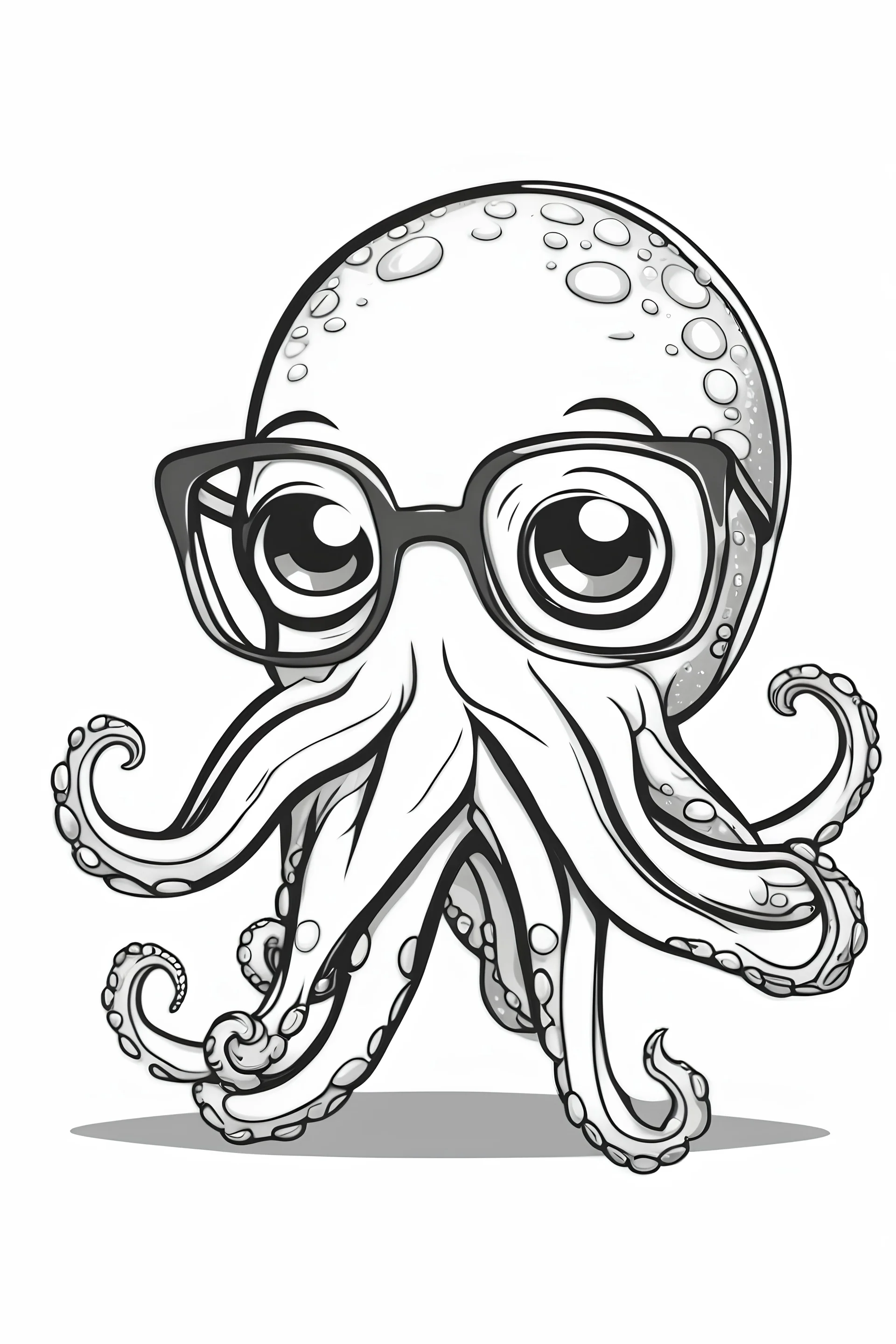 Outline art for cute coloring pages with octopus with glasses, full body, white background, sketch style, only use outline, clean line art, no shadows and clear and well outlined.