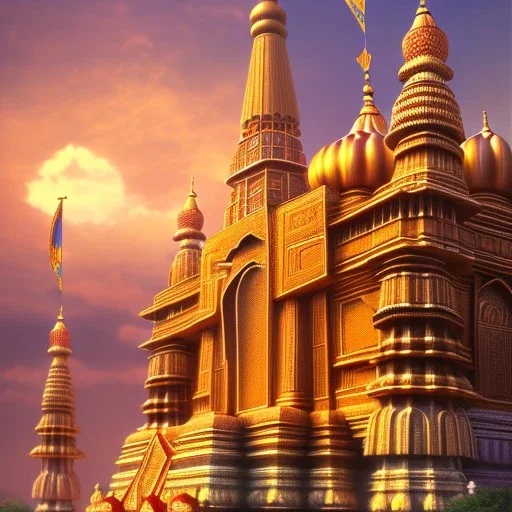 indian temple in sunset, perfect composition, hyperrealistic, super detailed, 8k, high quality, intricate details, highly detailed