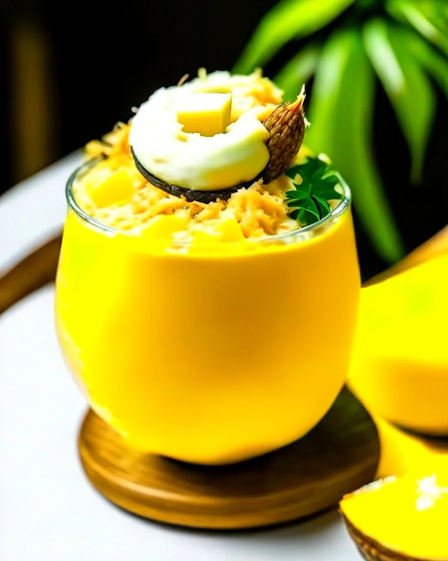 An interesting and visually descriptive boba drink, with a base of creamy coconut milk tea, topped with a layer of fresh mango puree and a sprinkle of toasted coconut flakes, served in a coconut shell for an added tropical touch.