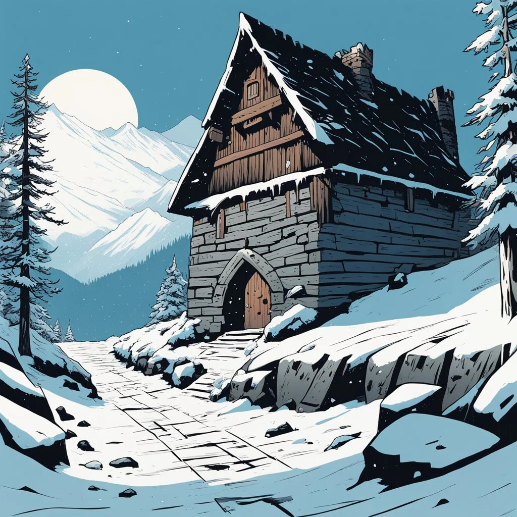 [comics Head Lopper style by Andrew MacLean] winter sky loomed over the castle as the wooden giant closed in, each step crunching through snow and ice. The villagers huddled below, trembling in the chill of the cellars, clutching amulets, murmuring to gods who felt distant and silent. On the frozen bridge, the druid stood alone, breath misting as he raised his staff. His hawk shrieked above, circling. Roots cracked through the ice as magic pulsed through the cold air. Snow and splinters flew,