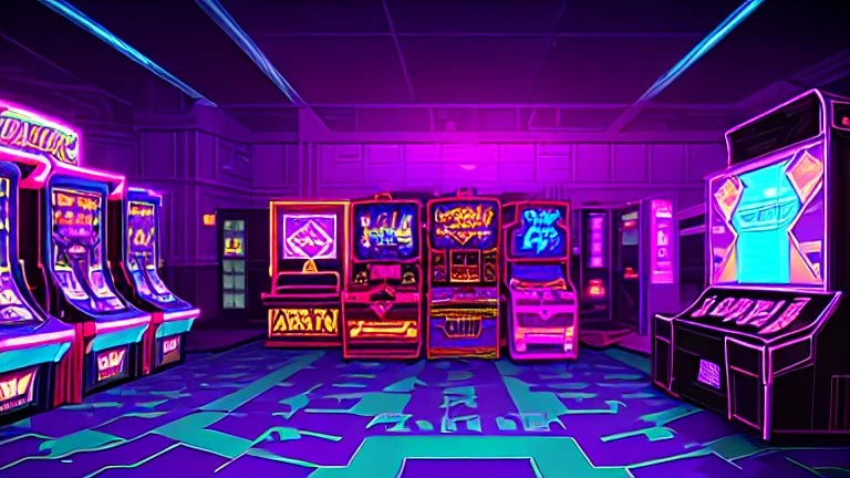 A dark photo of the corners of an 80's aesthetics arcade at night, with a lot of functioning arcade machines, a vaporwave floor and some colorful tiles in between the floor. Purple aesthetics.