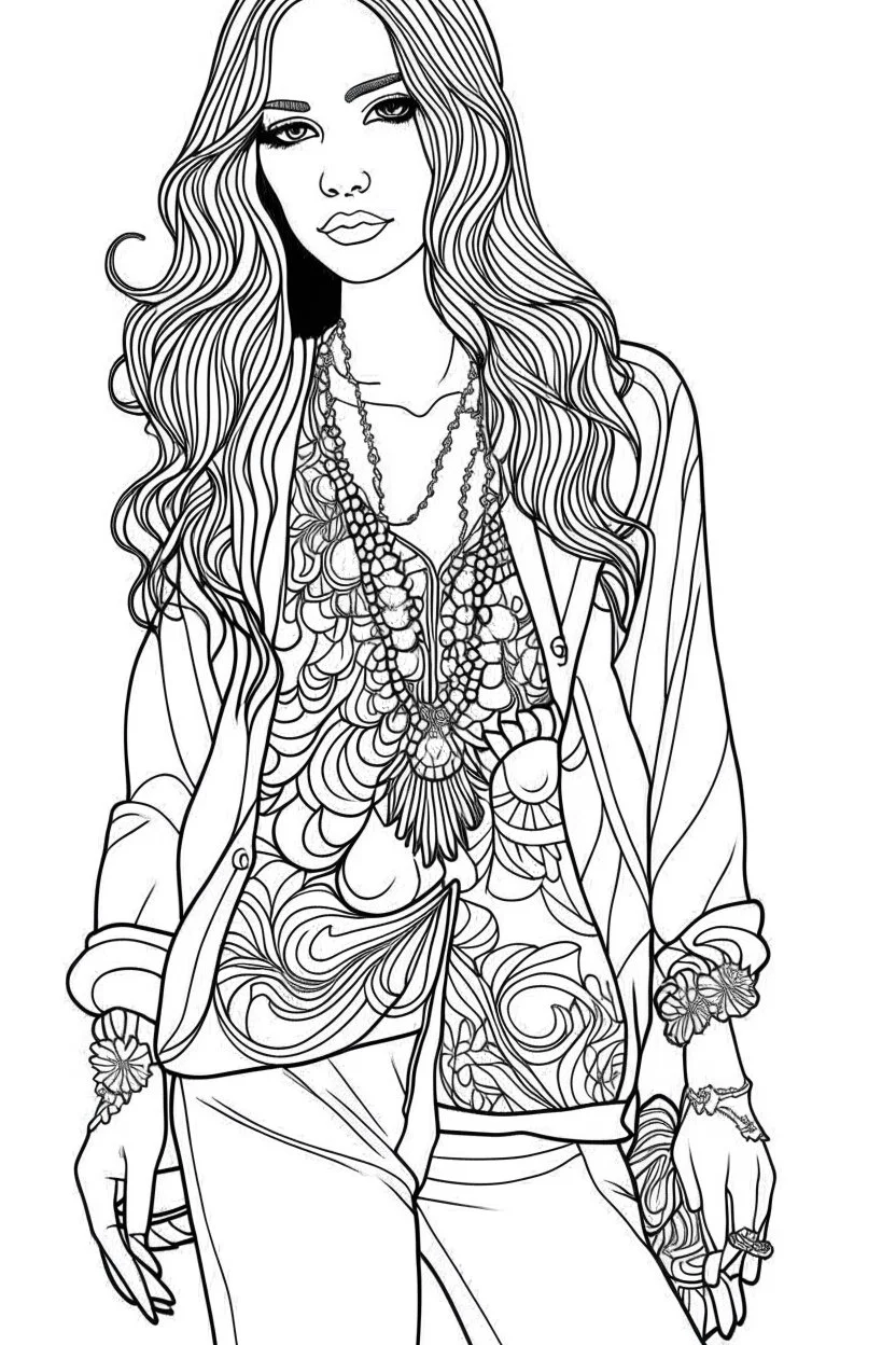 Outline art for coloring page OF 1960'S HIPPIE WOMEN'S BLOUSE, coloring page, white background, Sketch style, only use outline, clean line art, white background, no shadows, no shading, no color, clear, no people