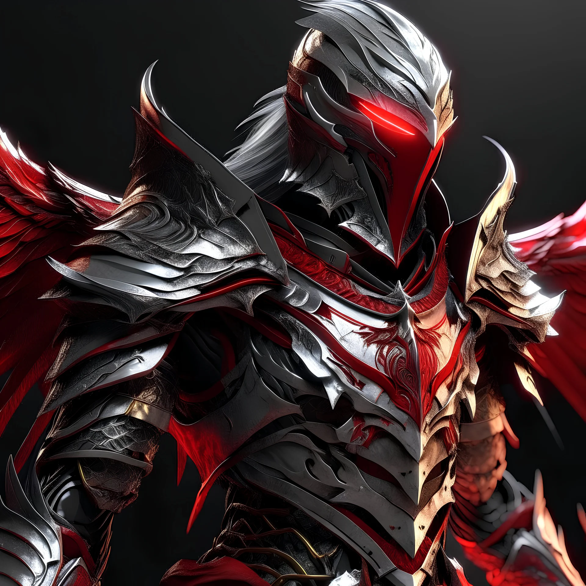 silver and crimson knight armor with glowing red eyes, and a ghostly red flowing cape, crimson trim flows throughout the armor, the helmet is fully covering the face, black and red spikes erupt from the shoulder pads, crimson and gold angel wings are erupting from the back, crimson hair, spikes erupting from the shoulder pads and gauntlets