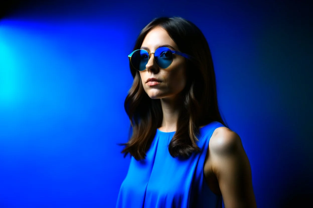 advertising photography, plain blue background, pop style photography, woman in blue dress, brunette, round sunglasses, real photography, 16K, shot with Leica camera, 35 mm lens, indirect lighting,