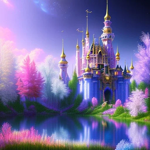 one big Cosmic castle crystal subtle in a galactic ambiance , blue lake, cascade, delicate flowers, delicate colors, bin the foreground, full of details, smooth，soft light atmosphere, light effect，vaporwave colorful, concept art, smooth, extremely sharp, masterpiece, best quality, blue skinned, sparkling,8k, , sun light, 8K, RAW, depth of field,high contrast,