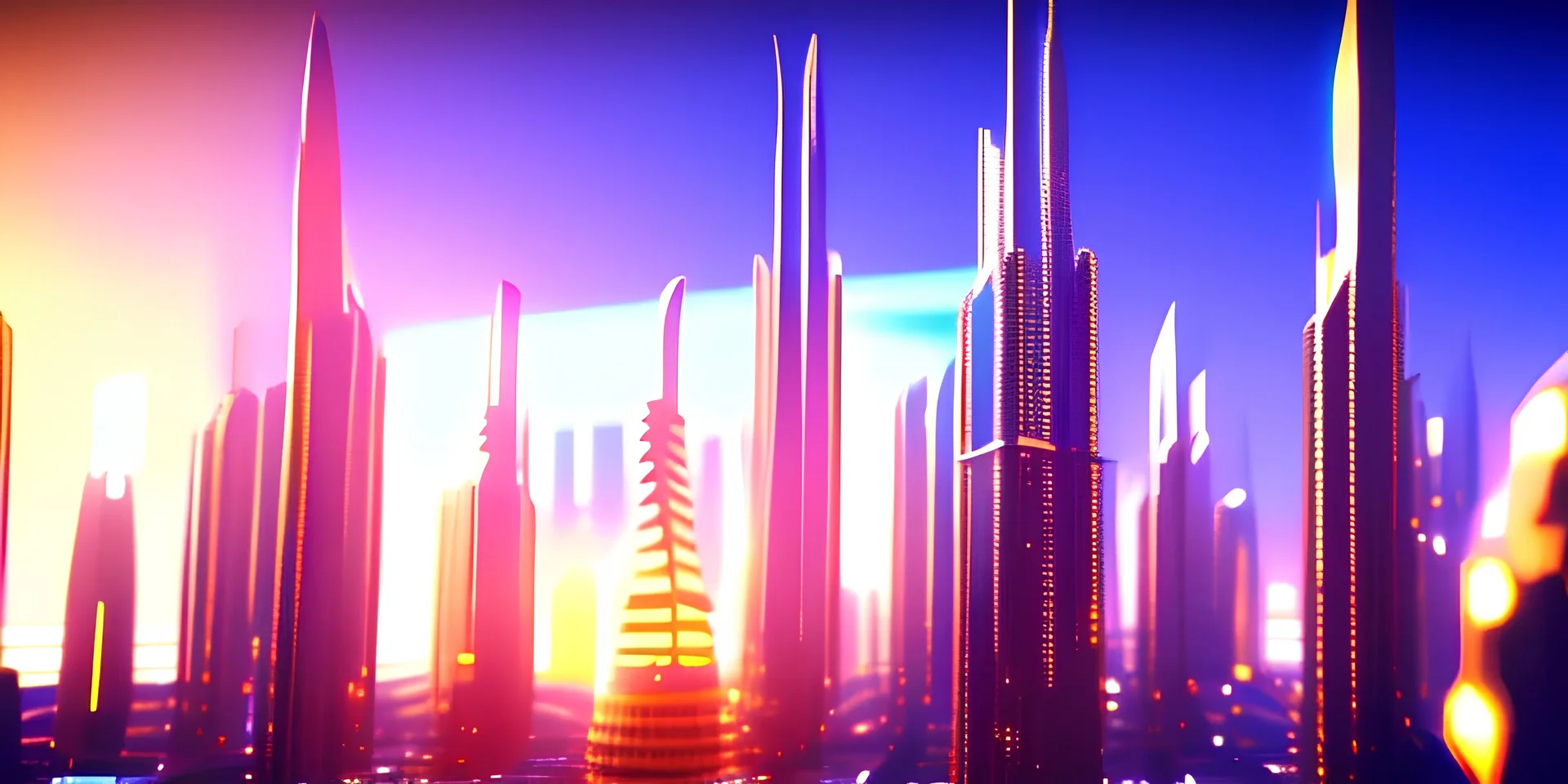 Abstract alien City, skyscrapers and sparkles. realistic, photo real, clear sunny background, highly detailed, high contrast, 8k high definition, unreal engine 5, extremely sharp detail, sunny light background