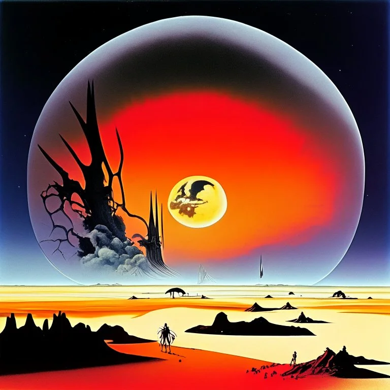 High concept art, dramatic unreal landscape, by Gerald Scarfe, large moon on horizon, smoke plumes in distance, dynamic composition, oddball masterpiece, sfumato, complex contrast