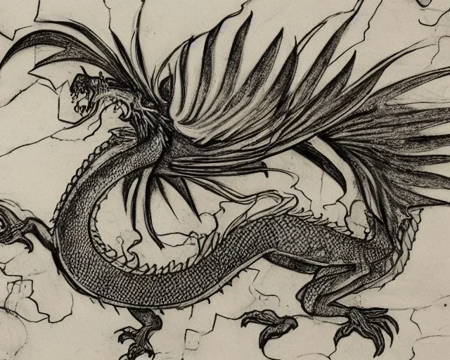 Dragon schematic by Leonardo Da Vinci, black paper, white ink drawing, dragon head, dragon body, notes written messily around