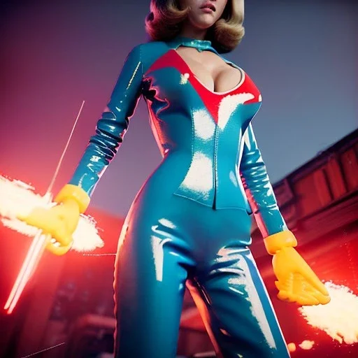 retro sci-fi press image, explosions supermarket from 1960, sweet young Jane Fonda, tight latex suit, weapon, fighting stance, soft color, highly detailed, unreal engine 5, ray tracing, RTX, lumen lighting, ultra detail, volumetric lighting, 3d, finely drawn, high definition, high resolution.