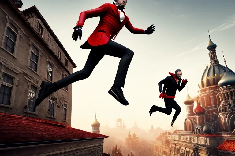 Assassin running on a roof, mid jump, red and black assassin suit, 1800, industrial revolution, hooded man