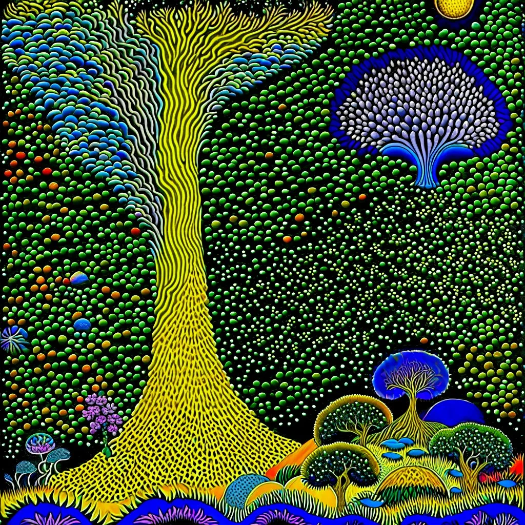 Colourful, peaceful, Max Ernst, night sky filled with galaxies and stars, rock formations, trees, flowers, one-line drawing, sharp focus, 8k, deep 3d field, intricate, ornate, hypermaximalist