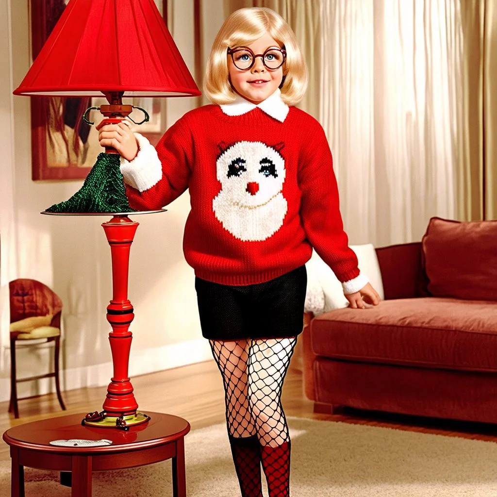 Movie poster for 'A Christmas Story', blonde Ralphie wearing an ugly red Christmas sweater and thick lens glasses at a lamp with a lamp stem shaped like a woman's leg in a fishnet stocking, humorous, nostalgic, 1950's aesthetic, background is a living room