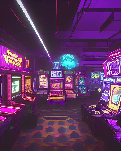 A dark photo of the corners of an 80's aesthetics arcade at night, with a lot of functioning arcade machines, a vaporwave floor and some colorful tiles in between the floor. Purple aesthetics. There are some pizza boxes over some of the arcade machines. The wall has a ticket shop who sells plushies, food and laser tag guns