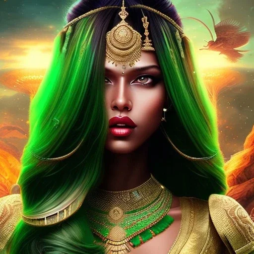 fantaisy setting, insanely detailed, woman, indian, dark skinned, green hair strand