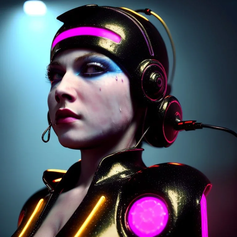 Sweet british cyber woman, young Madonna artist, cold ambient, rain, fog, latex, cables, purpurin, black, gold, rings piercing, yellow, decorative color feathers, circuits, neon style, a lot of led lights, fog, rain, vibrant color, highly detailed, art stations, concept art, smooth, unreal engine 5, god rays, ray tracing, RTX, lumen lighting, ultra detail, volumetric lighting, 3d, finely drawn, high definition, high resolution.