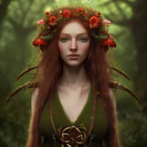 A beautiful celtic druid with red hair and flowers and mushrooms growing from her hair and skin, digital art, HD, 8k, high definition, very high quality, detailed eyes, nature, druid, fantasy