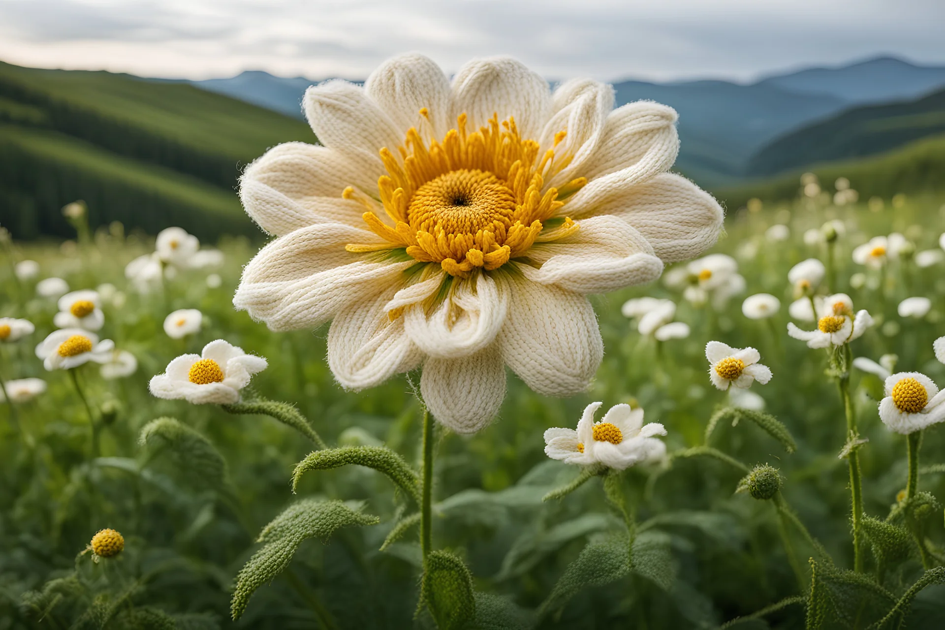 A lifelike thick woolen flower blooms amidst a serene meadow, its intricately woven petals and stem radiating realism and rich detail.