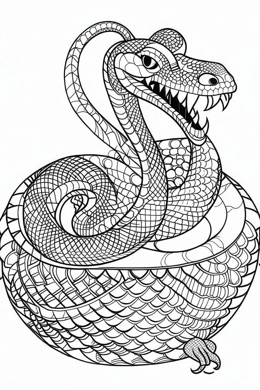 Outline art for coloring page, GROOVY KING COBRA IN A BASKET, coloring page, white background, Sketch style, only use outline, clean line art, white background, no shadows, no shading, no color, clear