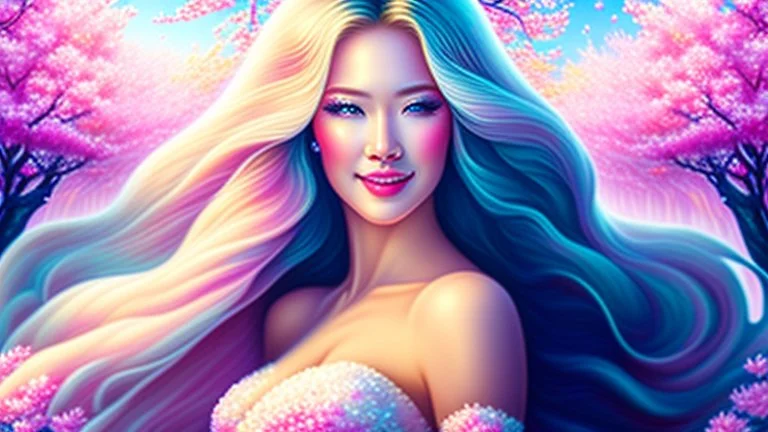 ((best quality)),((masterpiece)),ultra detailed background ((Cherry Blossoms)),(30 years old Sweedish gorgeous smiling woman), medium breast,wearing flowing dress, golden blue flowing hair glamour,(blue eyes),beautiful face,((white mists:1.4)),(pink dust:1.2),mysterious,mysteries of galactic universe,yellow lightnings,volumetric lightnings,dark and blurry background,