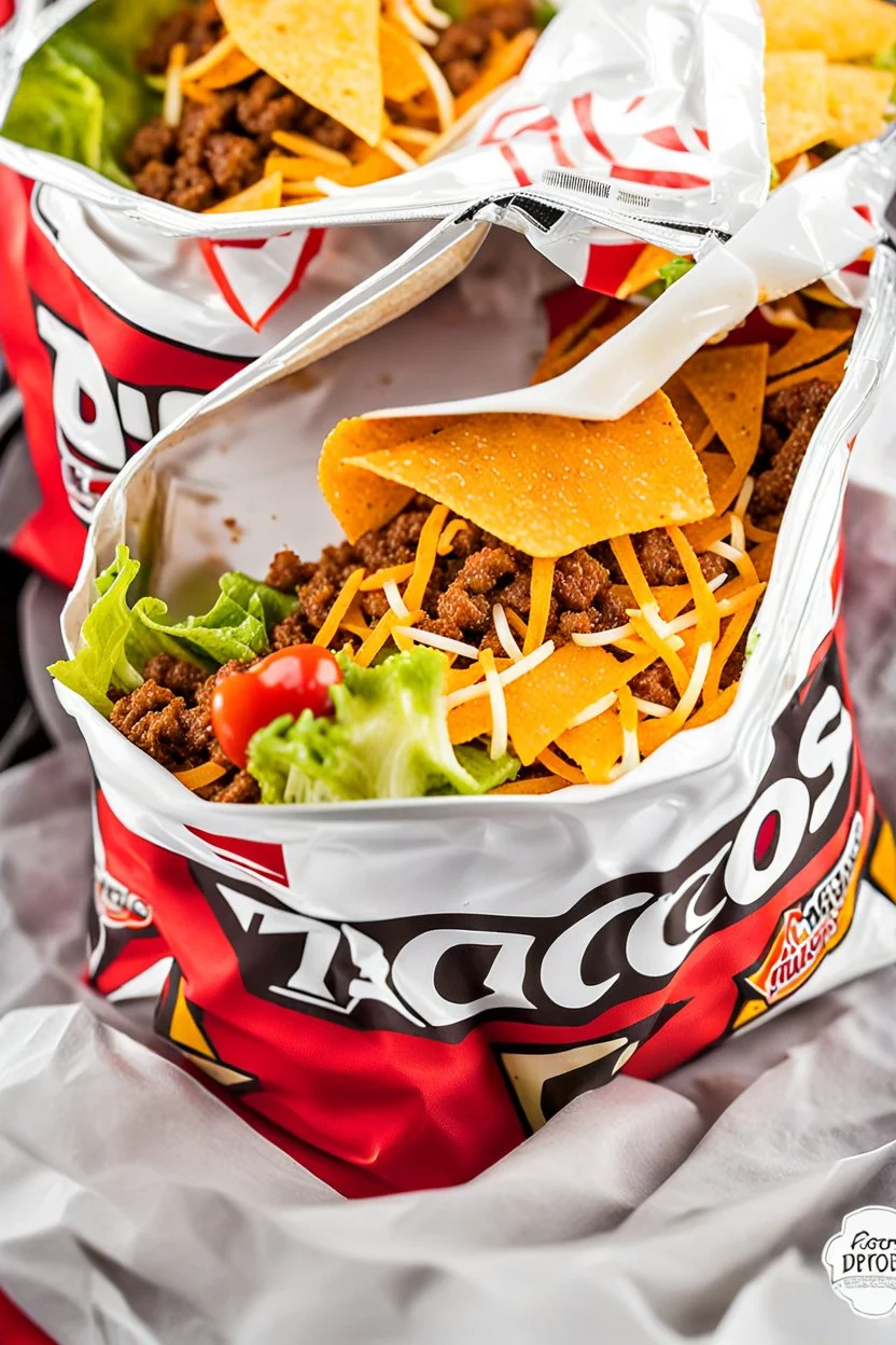 "Taco in a Bag" which consists of an open Doritos chip bag with sides rolled down, containing Doritos chips and cooked ground beef and lettuce and shredded cheese and chopped tomato pepper and onions and topped with more nacho chips, plastic fork, food blogger photography