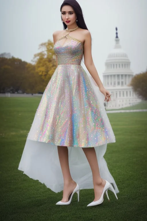 full body long shot of beautiful Tajik woman with make up ,high heels,pretty body shape ,standing nice high heels Tajik in street next to white house, hair in the wind, the gaze lost. diamonds and precious stones. fog. candy. pleasing rainbow colors to look at. high resolution. Perfect face. long shot ,sharp focus background ,camera :f/22 , White Hose be in sharp focus .