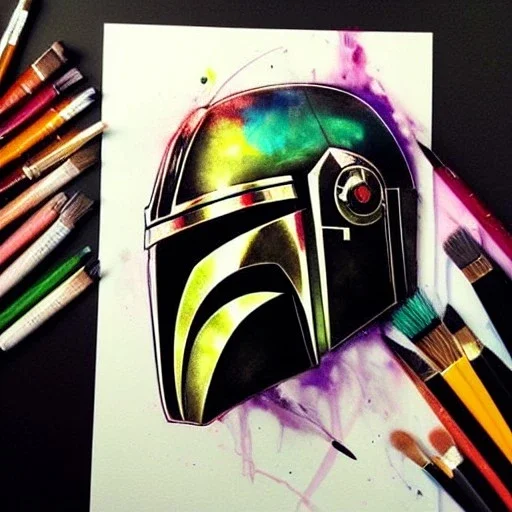 photorealistic the mandalorian helmet with multicolor painting, illustration by <agnes cecile> <Yoji Shinkawa>, ornate and intricate details , soft smooth lighting, concept art, black satin background,