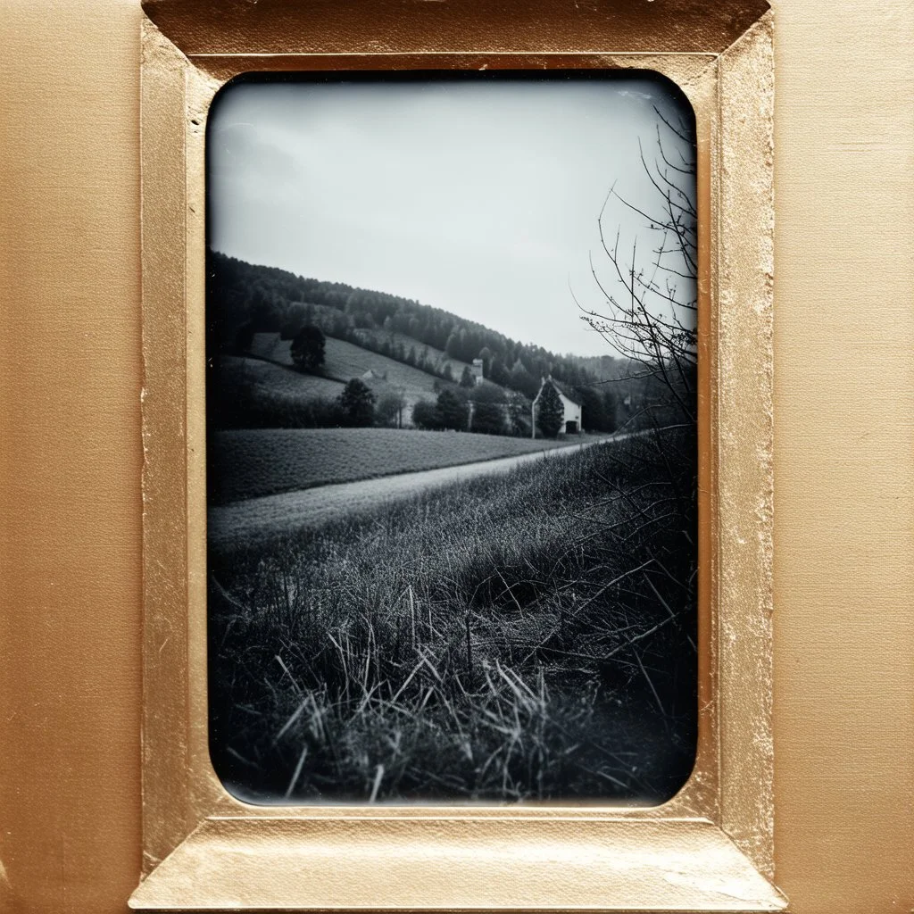 Daguerrotype frame old landscape odd creepy grey obsessive nostalgia weird old postcard landscape, cespugli, rovi, sfocato, sentiero, osceno, dettagli della cornice molto accentuati, polvere, creepy The Ring