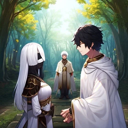 Girl with white hair wearing white robes and a blindfold. Boy with gold eyes, black hair wearing old ragged leather armor. Forest path background