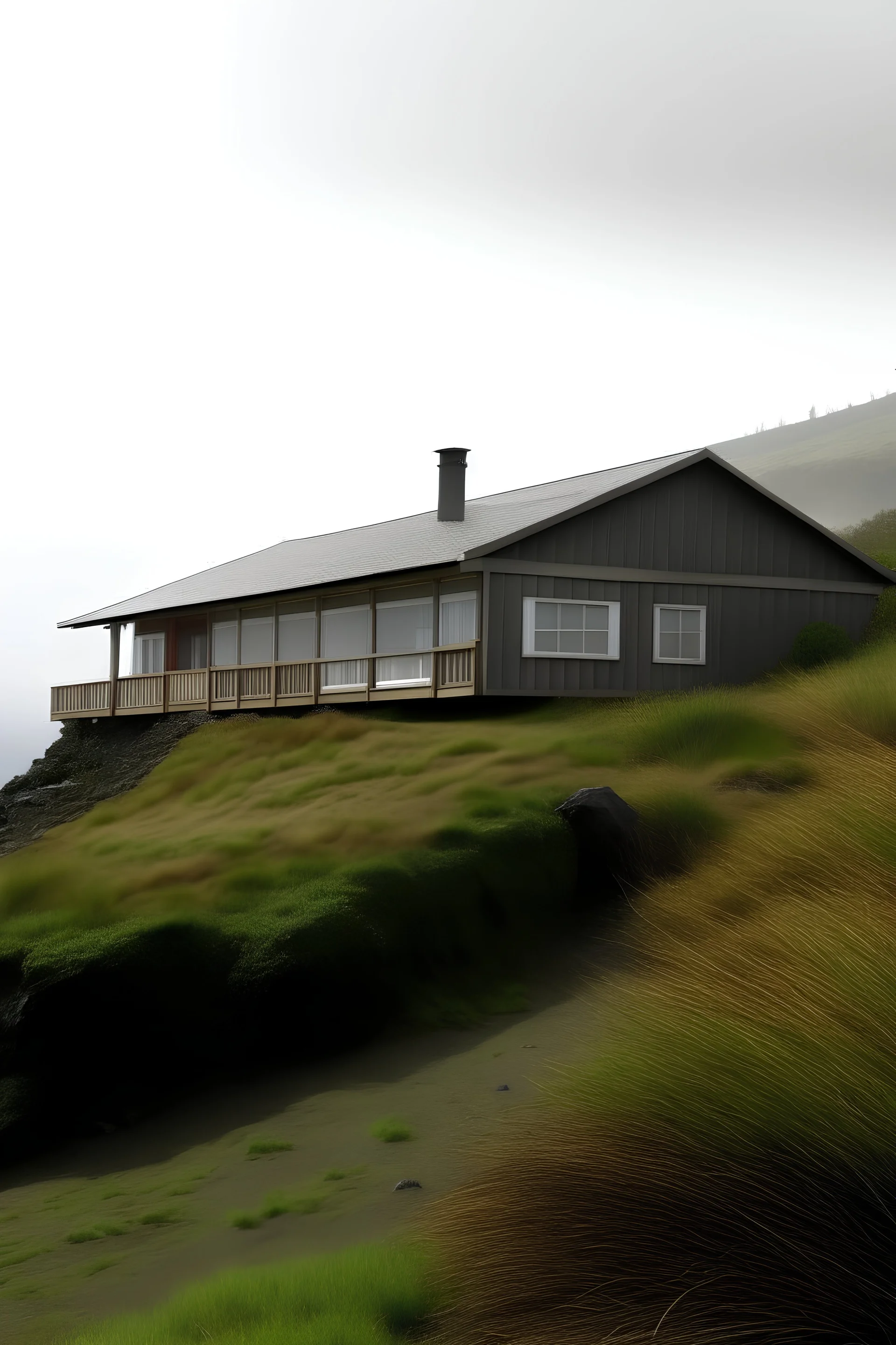 foggy chilean coast house duringspring mid day