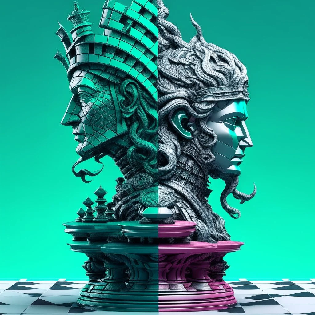 Knight chess piece vs medusa cypberpunk style