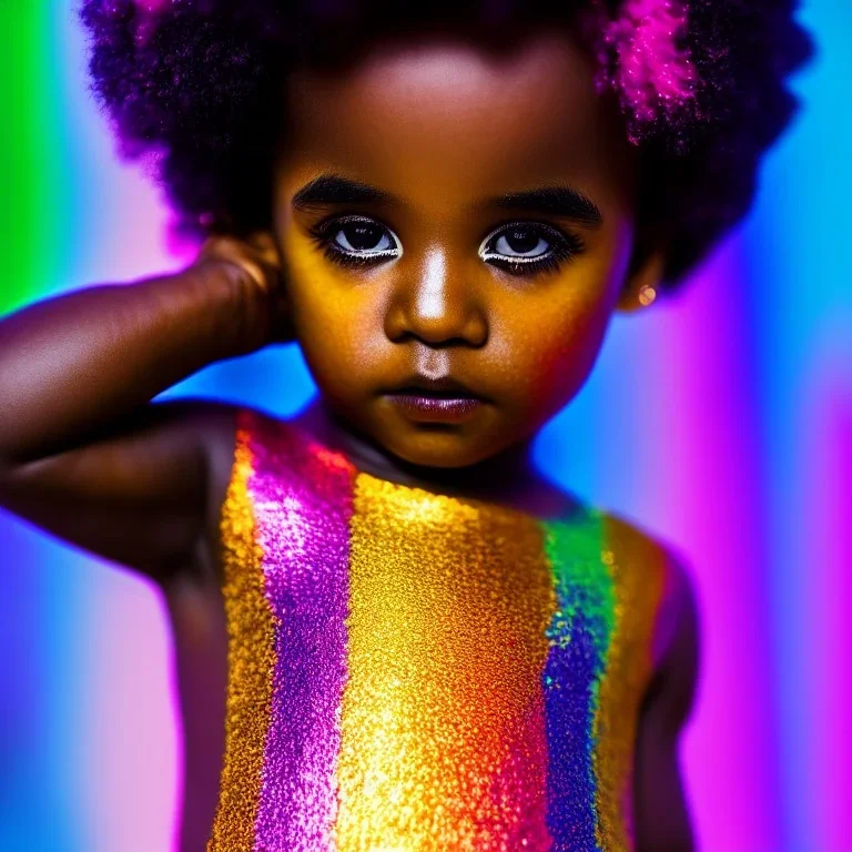 full body shot, masterpiece, best quality, child, boy, dark skinned, sparkling eyes, fluorescent skin, colorful makeup, afro, highly detailed body, sun light, 4K, RAW, depth of field, high contrast, realistic details, 24mm