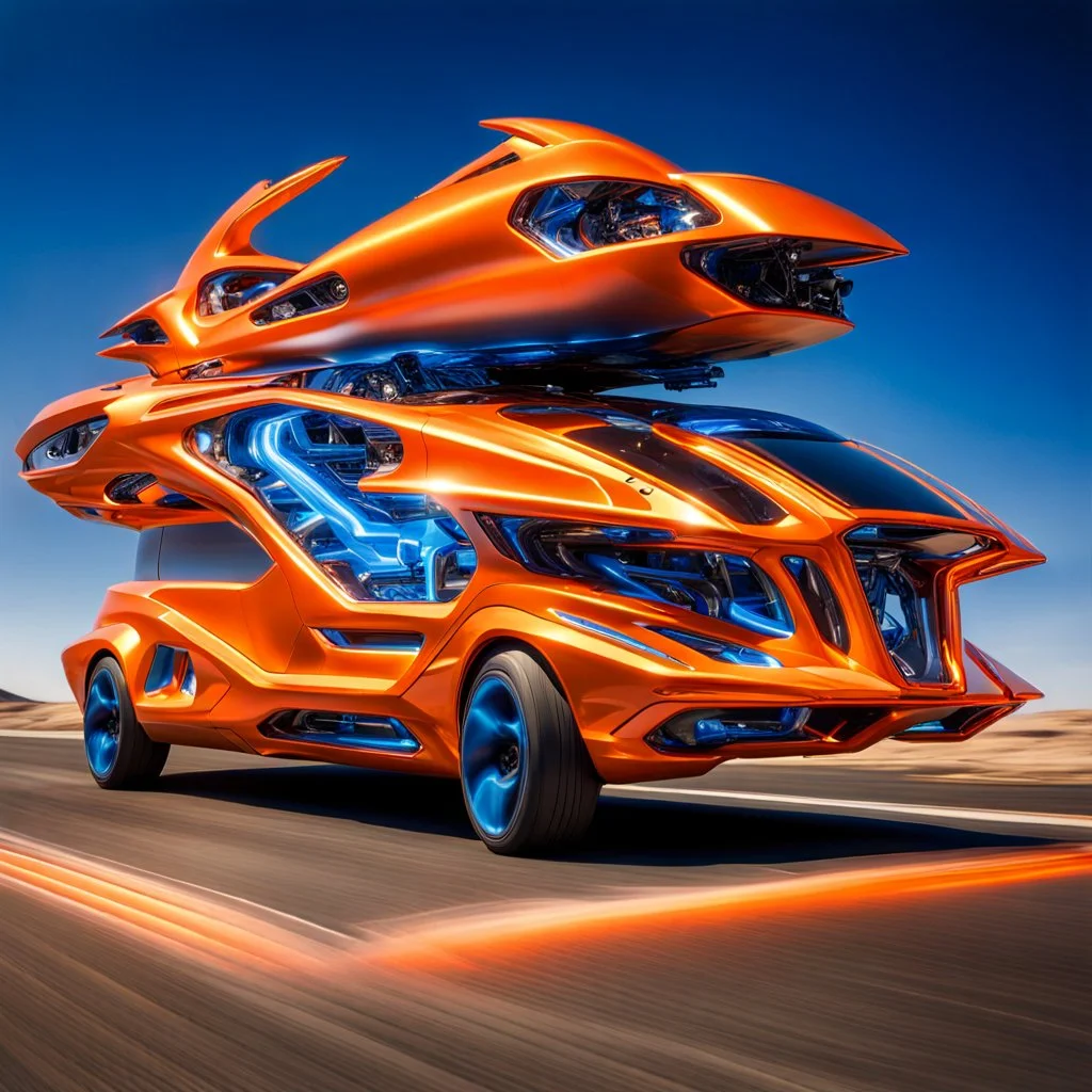 award winning car and driver photograph of a futuristic station wagon mech hybrid designed by only one vehicle per image painted metallic orange traveling at a high rate of speed, jet intake off of front center of vehicle and jet exhaust out the rear with bright blue flame, bilaterally symetrical, more a high speed road vehicle