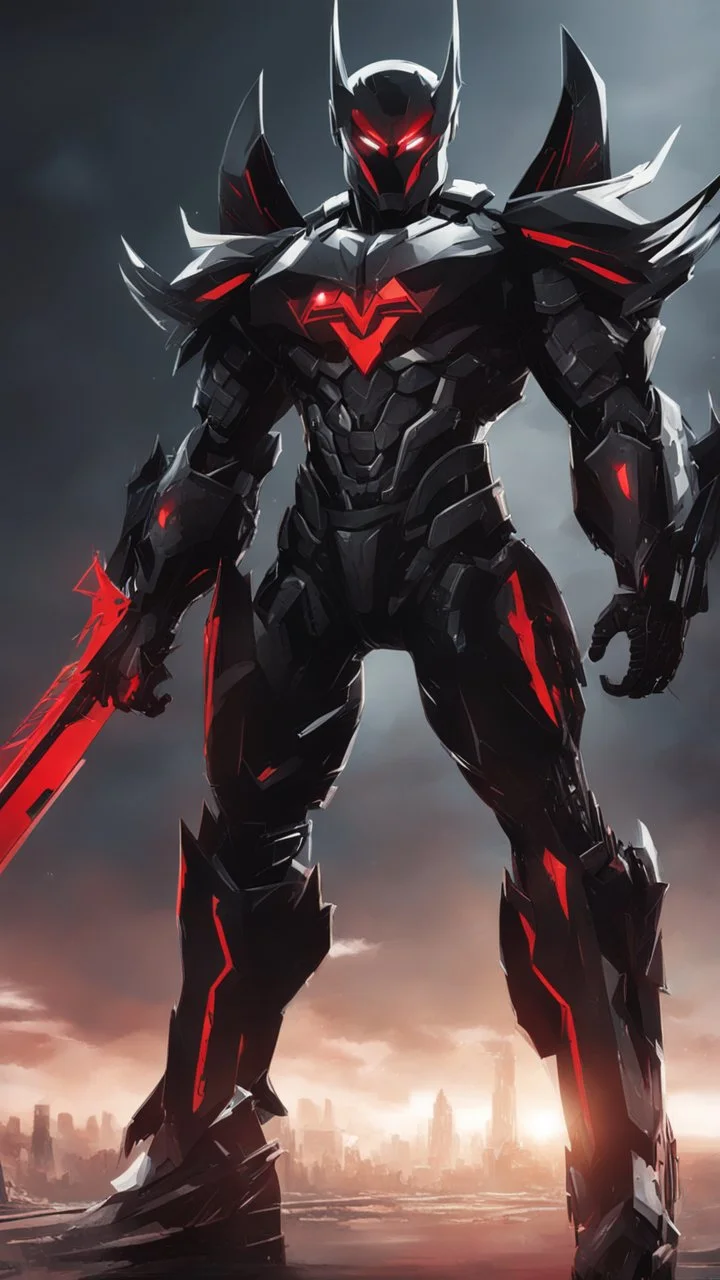 A close picture to Mix between symbiote and machine and batman in transformers cyborg with black metal and red details armor in solo leveling shadow art style with red details detailsis in fantasy world