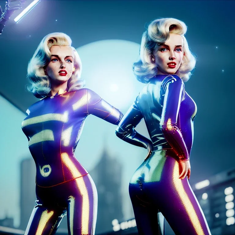 Realistic movie image, retro sci-fi, portrait, blonde action woman, sweet Marylin Monroe face, perfect iris, glow eyes. tight latex tights suit. City, metropolis movie style . epic style, soft color, highly detailed, unreal engine 5, ray tracing, RTX, lumen lighting, ultra detail, volumetric lighting, 3d, finely drawn, high definition, high resolution.